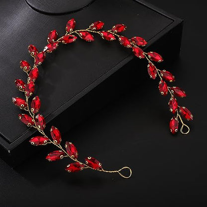 Teyglen Bride Wedding Crystal Hair Vine Headband - Bridal Accessories Handmade Rhinestone Headpiece for Women and Girls (Red) - color: Red