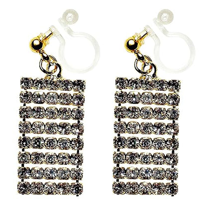 Dangle Silver Invisible Clip On Earrings for Women Not Pierced Gold Crystal Rhinestone Comfortable Hoop Fringe Long Chain Clip On Earrings - color: Rectangular Gold