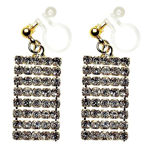 Dangle Silver Invisible Clip On Earrings for Women Not Pierced Gold Crystal Rhinestone Comfortable Hoop Fringe Long Chain Clip On Earrings - color: Rectangular Gold