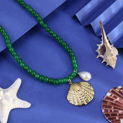 Fish Shell Necklace for Women, Beaded Necklaces Boho Statement Necklace, Pearl Necklaces Summer Beach Vacation Dress & Costume Jewelry - color: Green-shell