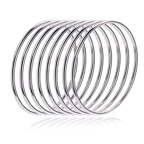 Fashion Shiny Thin Round Stainless Steel Bangle Bracelets for Women (1/3/5/8 Set) - style: Silver-8 Set
