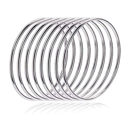 Fashion Shiny Thin Round Stainless Steel Bangle Bracelets for Women (1/3/5/8 Set) - style: Silver-8 Set-XL