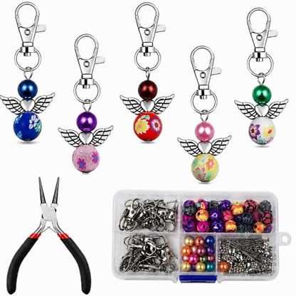 Metacipher 180Pcs DIY Angel Keychain Making Kit with Beads & Pliers | Angel Wing Spacers,Floral Beads,Lobster Clasps,DIY Bag Charm, Jewelry Making Supplies,Party Favor,Crafts for Women - color: Love Wings