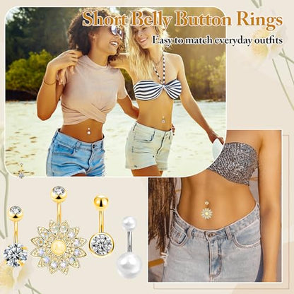 Lucomb Belly Rings for Women, 14G Belly Button Rings for Women Stainless Steel Dangle Belly Piercings Jewelry Rings with Hear Moon Butterfly Flowers - color: Gold