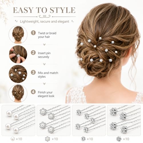 40 Pcs Silver Rhinestone Pearl Hair Pins for Women - U-Shaped Decorative Flower Diamond Hair Accessories, Perfect for Wedding, Prom, Brides, Bridesmaids & Daily Wear