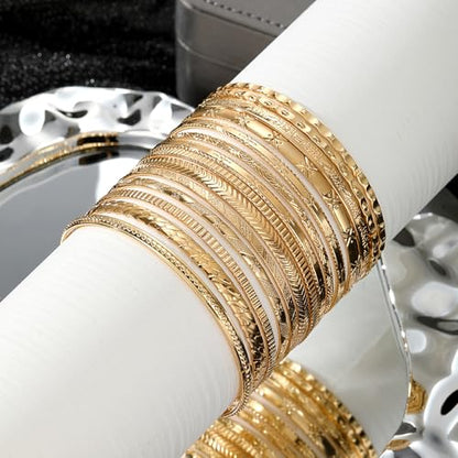 17IF Gold Bangle Bracelet For Women, 14k Multilayer Charm Textured Stackable Bracelets Boho Indian Chunky Cuff Fashion Jewelry Gift - style: 14 Pcs