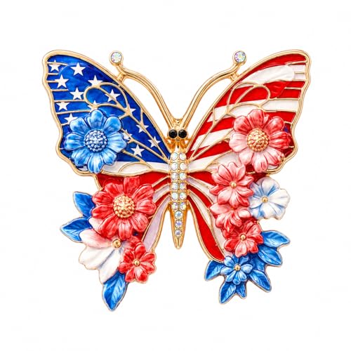 Butterfly American Flag Brooch Pin for Women Sparkly Crystal Red Blue Butterflys Brooches Pins Colorful Enamel Butterfly Statement Pin Patriotic Jewelry Accessorie Gifts - color: RedBlue
