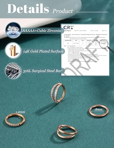 Dochais 4PCS 18G Nose Rings Hoops, Surgical Steel Earrings Tragus Septum Piercing CZ Clicker Ring, Hinged Segment Conch Lip Cartilage Double Hoops 8mm 10mm for Women Men - color: Gold Rose, size: 16G(1.2mm),8mm