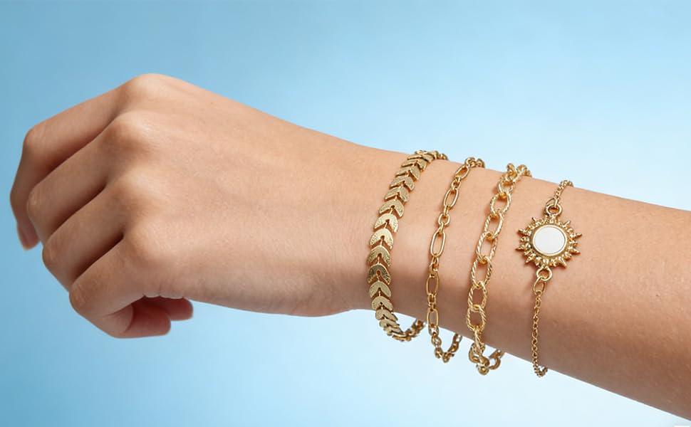 Alegend 14K Gold Plated Stackable Multilayer Bracelets + Titanium Steel(Not Rust, Resist Corruption, Easily Clean) 18K Gold Plated Single Bracelets - color: 14K Gold + 4PCS F