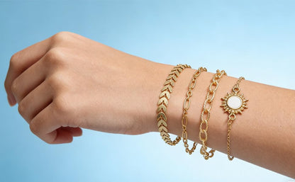 Alegend 14K Gold Plated Stackable Multilayer Bracelets + Titanium Steel(Not Rust, Resist Corruption, Easily Clean) 18K Gold Plated Single Bracelets - color: 14K Gold + 4PCS F