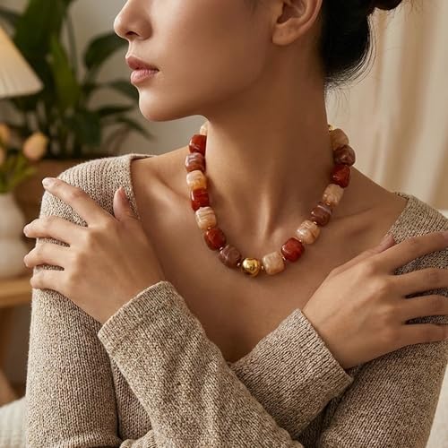 Mchic Colorful Beaded Choker Necklace for Women: Boho Large Square Acrylic Beaded Necklace Stainless Steel Adjustable Surfer Beach Strand Necklaces Summer Handmade Jewelry Gift for Women - color: Mix Khaki