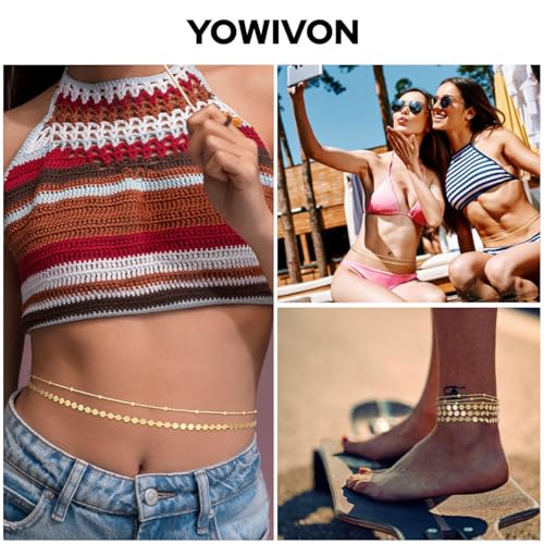 Yowivon Waist Chain for Women, 14K Gold Plated Body Chain, Dainty Cuban Layered Belly Beads Chains, Waterproof Adjustable Sexy Bikini Beach Jewelry Accessories Daily Belts Gifts - style: 2Pcs-Sequin & Bead
