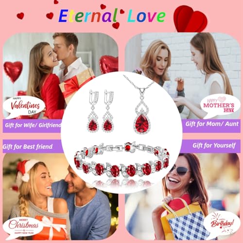 LMXXVJ Women Jewelry Set Platinum Plated Necklace Open Ring Earrings Bracelet Set,Birthday/Anniversary Mother’s Day Jewelry Gifts for Mom/Wife/Sister/Best Friend - color: White Gold-Garnet Red-No Ring