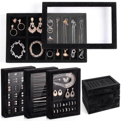 SiliFine Set of 4 Large Stackable Velvet Jewelry Trays with 4 Lids,Black - color: Black