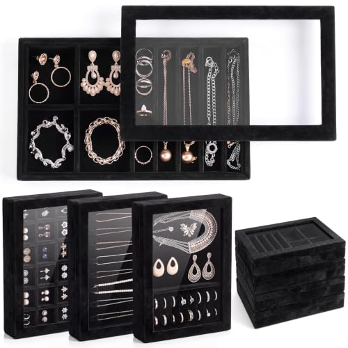SiliFine Set of 4 Large Stackable Velvet Jewelry Trays with 4 Lids,Black - color: Black