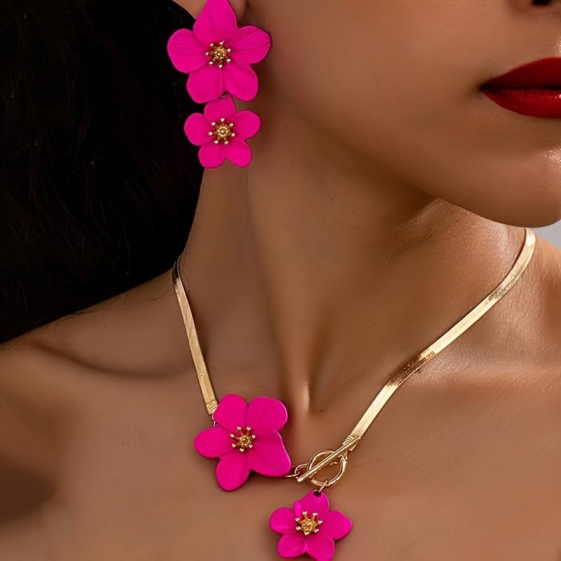 Colorful Flower Necklace Earrings Set for Women Gold Snake Chain Toggle Clasp Pendant Necklaces Dainty Double Flowers Statement Earrings Bridal Wedding Summer Beach Jewelry for Women - color: rose red