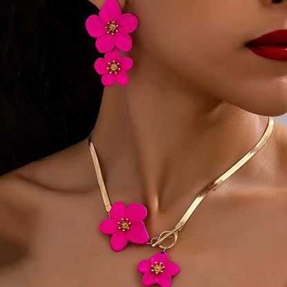 Colorful Flower Necklace Earrings Set for Women Gold Snake Chain Toggle Clasp Pendant Necklaces Dainty Double Flowers Statement Earrings Bridal Wedding Summer Beach Jewelry for Women - color: rose red