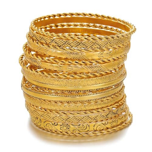 Gold Bangles for Women, 12 Pcs Boho Stackable Bracelets Multi Layer Textured Chunky Bracelets Jewelry Set for Women - color: Style F- 19 pcs gold