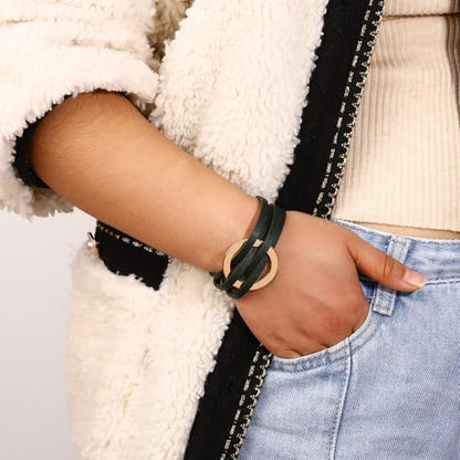 hotoo Circle Charm Bracelets for Women Handmade Leather Wrap Bracelets for Couples Friendship Bracelet Bohemian Cuff Bangle Boho Jewelry Gift - color: New Green