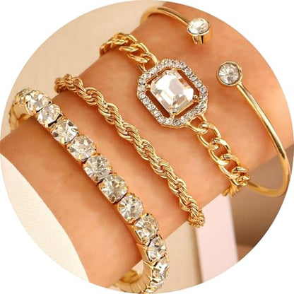 Alegend 14K Gold Plated Stackable Multilayer Bracelets + Titanium Steel(Not Rust, Resist Corruption, Easily Clean) 18K Gold Plated Single Bracelets - color: 14K Gold + 4PCS H
