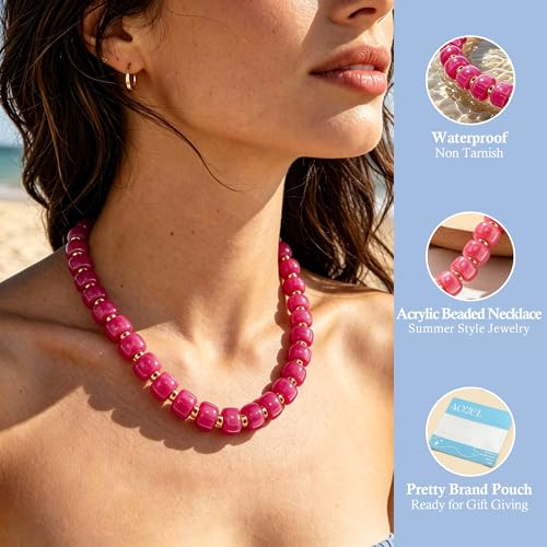 AOZEL Chunky Resin Beaded Necklace for Women Colorful Bead | Summer Beach, Waterproof, Fade Resistant, Adjustable Length, Boho Statement, for Daily Wear & Gifting - color: Turquoise