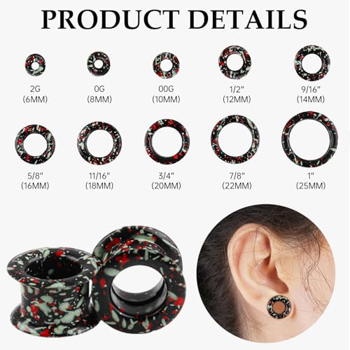 20Pcs Silicone Ear Gauges 2G-25mm Flexible Ear Tunnels Gauges Soft Expander Stretching Ear Plugs Tunnels Black Earring Piercings Jewelry for Men Women - color: Thick Black Spray with Red and Green Dots Silicone