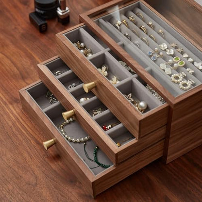 Black Walnut Jewelry Organizer, 3 Layer | Wooden Jewelry Box, For Women, For Necklaces Ring Earring - size: 3 Layer