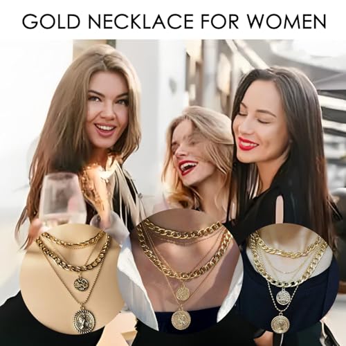 14K Gold Plated Layered Necklaces Retro Coin Necklace Set Dainty Gold Jewelry for Women - color: Gold