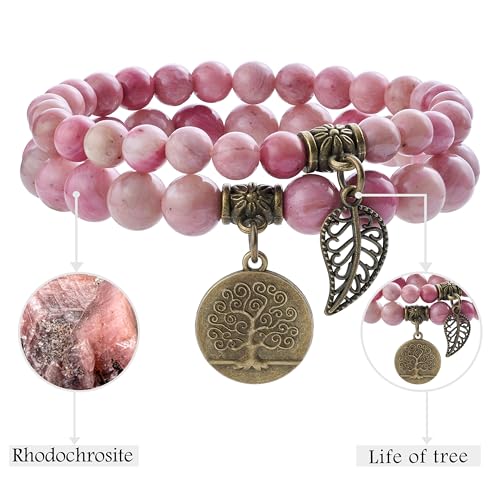 Bivei Natural Semi Precious Gemstone beads bracelet for women - Life Tree and Leaf Charm Energy Reiki Crystal Stretch Bracelets - color: Rhodochrosite Bracelet Set, size: Medium:6.8-7.24inch