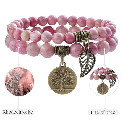 Bivei Natural Semi Precious Gemstone beads bracelet for women - Life Tree and Leaf Charm Energy Reiki Crystal Stretch Bracelets - color: Rhodochrosite Bracelet Set, size: Medium:6.8-7.24inch
