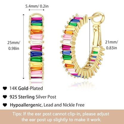 Trendy 14K Gold Plated Hoop Earrings for Women, Chunky Gold/Silver Earrings for Women Cubic Zirconia Baguette Hoop Earrings Heart Hoops Lightweight Hypoallergenic Jewelry,25mm/35mm/40mm/50mm - color: 01 Gold Rainbow Hoops 25mm