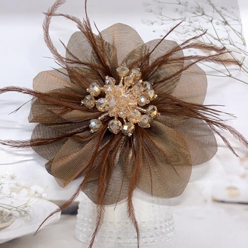 4" Crystal Feather Flower Brooch Pin for Women Girls Dainty Bright Satin Rhinestone Floral Brooches Lapel Hair Pins Elegant Wedding Cocktail Prom Party Hat Bag Suit Clothing Dress Accessories Jewelry Gift - color: Brown
