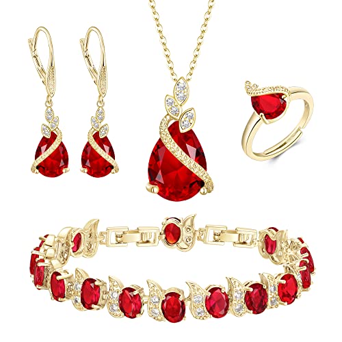 Jewelry Set for Bride, Sparkling Water Drop Cubic Zirconia Crystal Pendant Necklace Leverback Earrings Tennis Bracelet Adjustable Ring Gift for Wedding/Birthday/Mother's Day/Christmas - color: 10-Ruby Color Gold-Plated-Brass