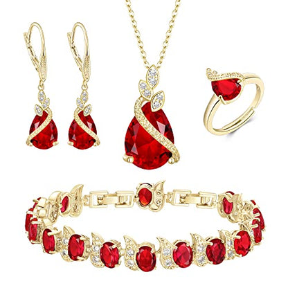 Jewelry Set for Bride, Sparkling Water Drop Cubic Zirconia Crystal Pendant Necklace Leverback Earrings Tennis Bracelet Adjustable Ring Gift for Wedding/Birthday/Mother's Day/Christmas - color: 10-Ruby Color Gold-Plated-Brass
