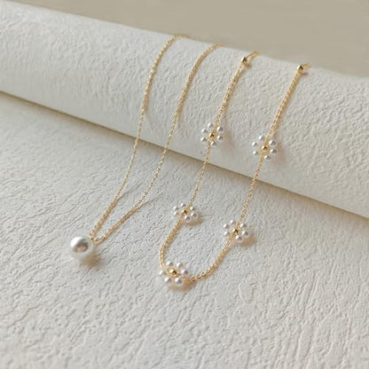 HERIER Gold Jewelry Set for Women - Dainty 14K Gold/Silver Plated Pearl Choker Necklace, Drop Earrings & Bracelets - Wedding Trendy Pearl Jewelry Gift - color: Daisy Pearl Set-Gold
