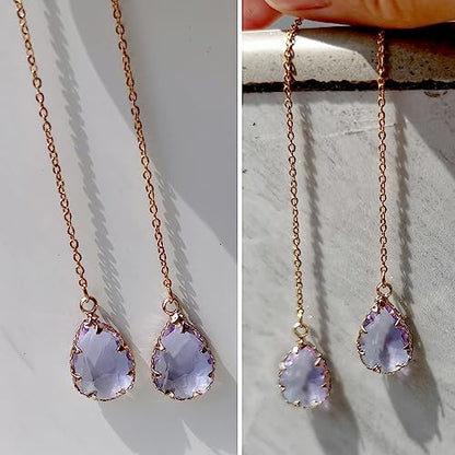 WANGGAO Stainless Steel Water Drop Long Chain Earrings for Women Linear Crystal Threader Earrings Jewelry - color: Purple