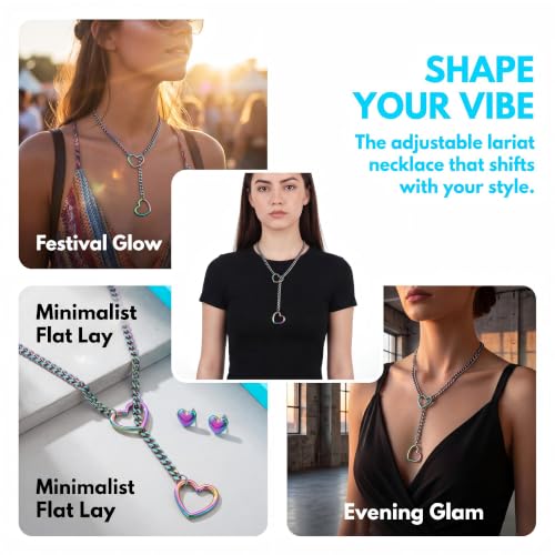 Slip Chain Choker for Women Handmade Black Stainless Steel Cuban Chain Chunky Moon Bat Raven Skull Pendant Gothic Punk Rock Collar Adjustable Lariat Y Necklace for Men - style: Rainbow Heart
