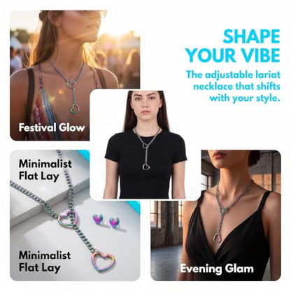 Slip Chain Choker for Women Handmade Black Stainless Steel Cuban Chain Chunky Moon Bat Raven Skull Pendant Gothic Punk Rock Collar Adjustable Lariat Y Necklace for Men - style: Rainbow Heart