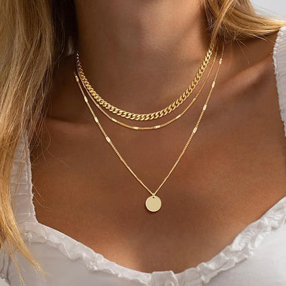 Gold Layered Necklaces for Women, 14K Gold Plated Paperclip Snake Chain Necklace Set, Dainty Coin Cross Tear Pendant Layering Choker Necklaces, Simple Trendy Stackable Jewelry Gifts - color: 3PCS / Coin & 2 Chains
