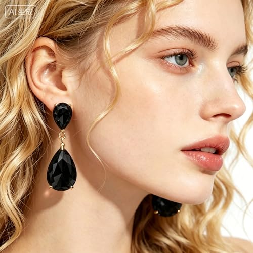 Teardrop Crystal Drop Earrings for Women, 14K Gold Plated Large Double Teardrop Dangle Earrings,Rhinestone Earrings for Wedding Prom Bridesmaid Party,Emerald/Red/Blue/Black/Pink/White Statement Earrings - color: pink