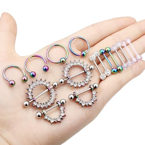 Cisyozi 16G 14G Nipple Piercing Jewelry Tongue Rings Hypoallergenic Surgical Steel Screw Nipple Tongue Shield Ring Barbell Body Piercing Jewelry Retainer for Women 9/16 Inch 14mm - color: E:14G(1.6MM)-8Pairs - Rainbow