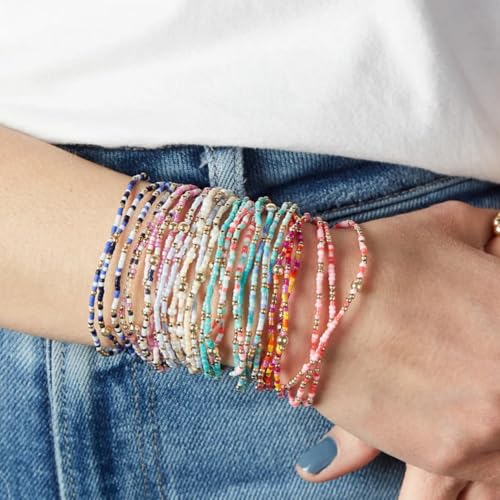 Colorful Gold Beaded Bracelets for Women Boho Tiny Gold Plated Ball Stretch Stackable Small Seed Beads Bracelet Stack Trendy Jewelry Set Dainty Vacation Friendship Christmas Gifts for Women - color: Brown