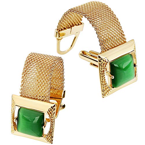 HAWSON Mens Cufflinks with Chain - Stone and Shiny Gold Tone Shirt Accessories - Party Gifts for Young Men - color: 24K Gold Color+Green Cats Eye