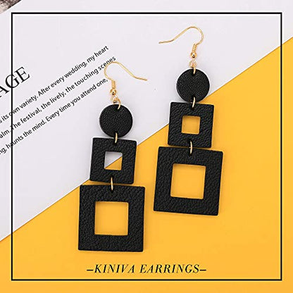 KINIVA Leather Dangle Earrings for Women Trendy, Lightweight Leaf Circle Lightning Earrings Drop, Jewelry Gifts for Women - color: 38 Black