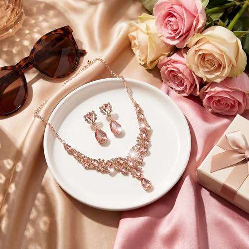 Hicarer Bridal Teardrop Cluster Crystal Jewelry Set for Women Necklace Earrings Wedding - color: Light Peach