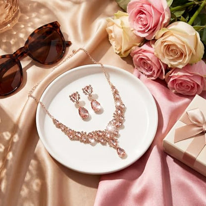 Hicarer Bridal Teardrop Cluster Crystal Jewelry Set for Women Necklace Earrings Wedding - color: Light Peach
