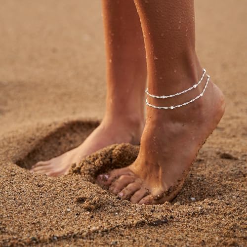 Moodear Ankle Bracelets for Women 14K Silver Plated Layered Chain Anklets | Waterproof Non Tarnish Adjustable Double Layer Anklet with Satellite Bead Chain Design for Summer Beach Jewelry Gift - color: silver-5