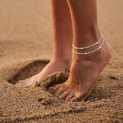 Moodear Ankle Bracelets for Women 14K Silver Plated Layered Chain Anklets | Waterproof Non Tarnish Adjustable Double Layer Anklet with Satellite Bead Chain Design for Summer Beach Jewelry Gift - color: silver-5