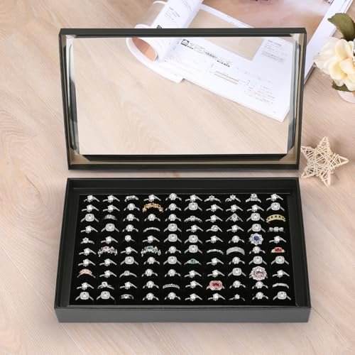 KUKUVR 100 Slots Ring Earring Holder Display Case (Black) | Velvet, Clear Lid, Ring Earring Storage Organizer Box Tray, for Women and Selling Show - color: Black