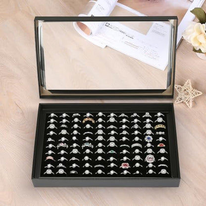 KUKUVR 100 Slots Ring Earring Holder Display Case (Black) | Velvet, Clear Lid, Ring Earring Storage Organizer Box Tray, for Women and Selling Show - color: Black
